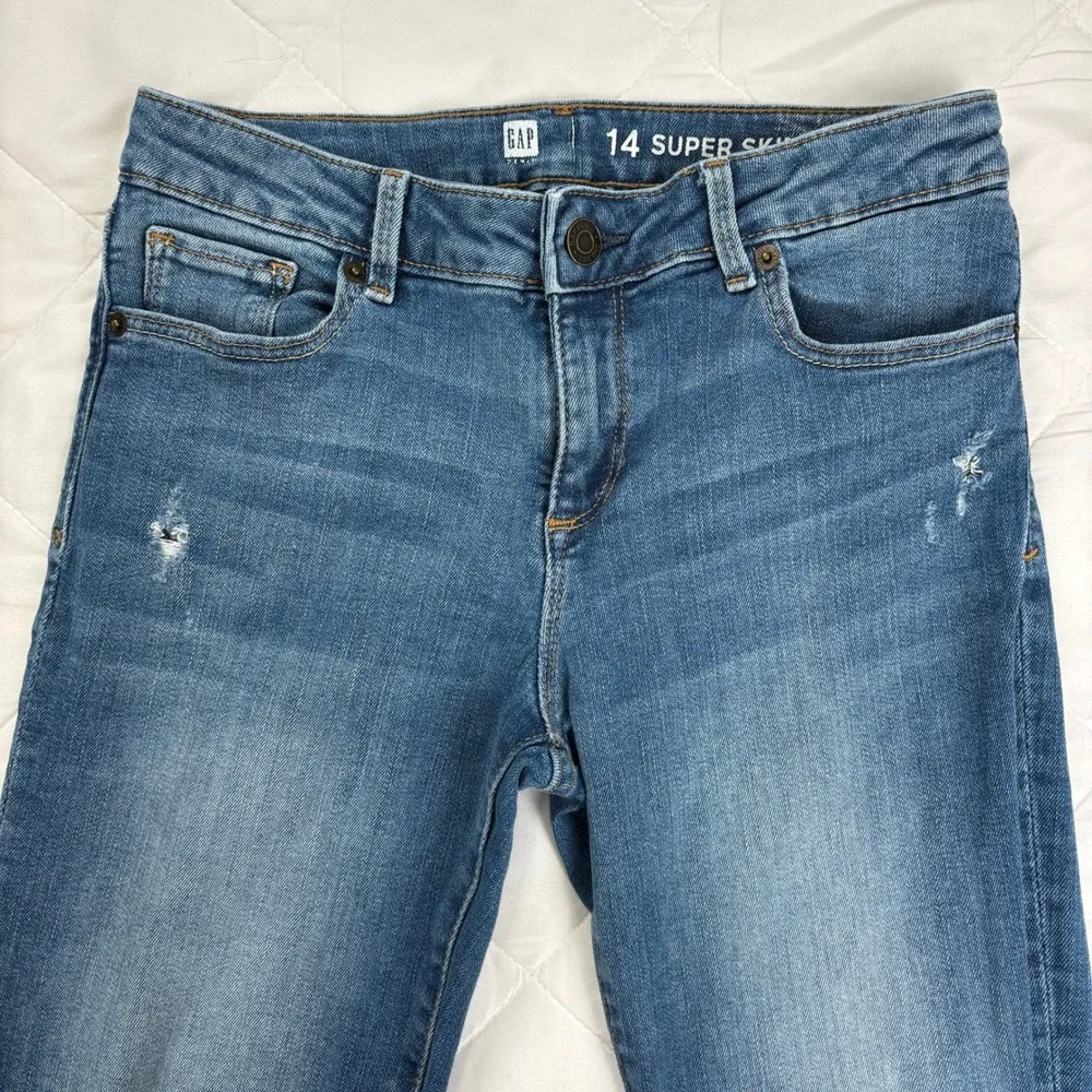 GAP‎ Girls Super Skinny Jeans Size 14 Adjustable Blue Stretch Distressed Denim